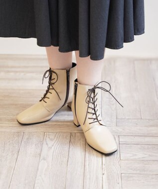 Pointer 内側ファスナー 本革レースアップショートブーツ ベージュ