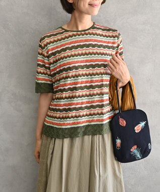 muuc 〈高品質シルク100%〉透かしレース編み シルクマルチボーダー半袖プルオーバー