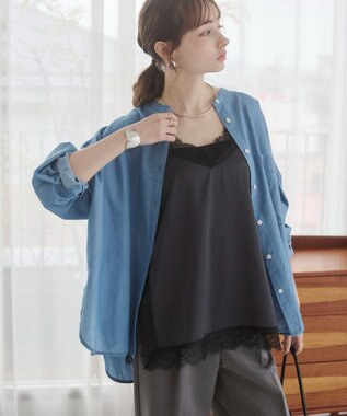 WEGO 【ANGIE VINTAGE】シアーデニムバンドカラーシャツ ブルー