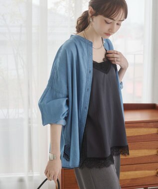 WEGO 【ANGIE VINTAGE】シアーデニムバンドカラーシャツ ブルー