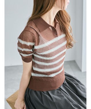 Te chichi 透かしマルチボーダーニットポロ ブラウン