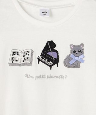 ANY KIDS おけいこモチーフ刺繍入り 長袖Tシャツ オフホワイト（ねこ×ピアノ）