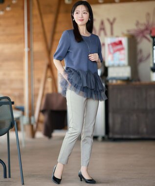 Tiaclasse L 麻混ストレッチテーパードパンツ ライトグレー