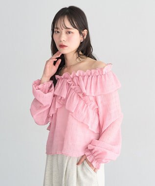earth music&ecology シアーチェック2wayオフショルブラウス Pink