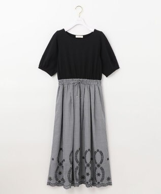 ANY SIS 【洗える】エンブロイダリーコンビ ワンピース ブラック×白黒ギンガム