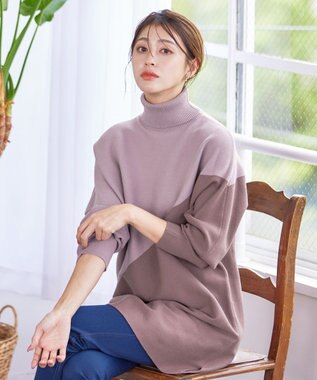 Tiaclasse L 【洗える】配色ドルマンニットチュニック グレージュ