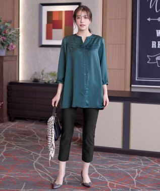 Tiaclasse L 【洗える】ヴィンテージサテンタックシャツチュニック ターコイズ