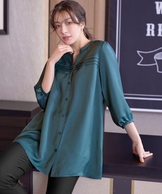 Tiaclasse L 【洗える】ヴィンテージサテンタックシャツチュニック ターコイズ