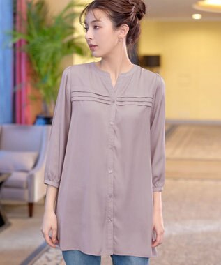 Tiaclasse L 【洗える】ヴィンテージサテンタックシャツチュニック グレージュ