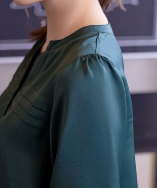 Tiaclasse L 【洗える】ヴィンテージサテンタックシャツチュニック ターコイズ