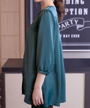 Tiaclasse L 【洗える】ヴィンテージサテンタックシャツチュニック ターコイズ