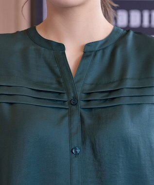 Tiaclasse L 【洗える】ヴィンテージサテンタックシャツチュニック ターコイズ