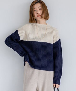 【洗える】ウールカシミヤ カラーブロック バルキー ニット