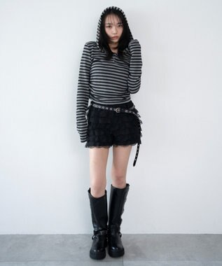 WEGO ヘンリーネックフードロンT グレーボーダー