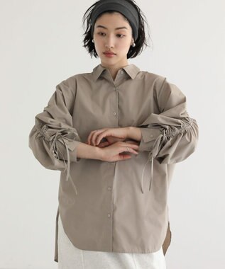 Green Parks イージーケア袖シャーリングシャツ Beige