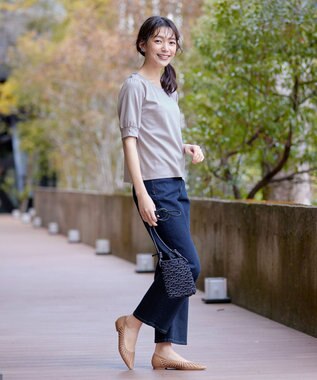 Tiaclasse L 【小倉優子さん着用・洗える・接触冷感・汗ジミ防止】“サマさまカットソー”パール付きパフスリーブトップス グレージュ