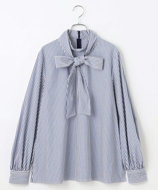 #Newans 【洗濯機可】ステッチデザインリボンタイブラウス ネイビーストライプ