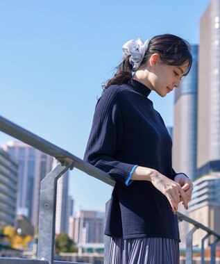 Tiaclasse 【洗える】配色ハイネックニットトップス ネイビー