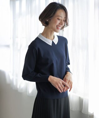 J.PRESS LADIES L レーヨンストレッチ 刺繡襟 ニット ネイビー×オフ系