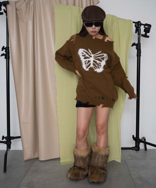 WEGO バタフライダメージワンショルダーニット ブラウン
