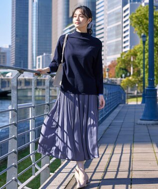 Tiaclasse 【洗える】配色ハイネックニットトップス ネイビー