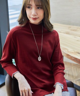 Tiaclasse 【洗える】配色ハイネックニットトップス レッド