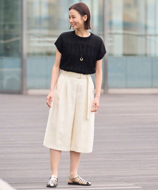 自由区 【XSサイズ～】リネンフリンジディテールフレンチスリーブ ニット ブラック系