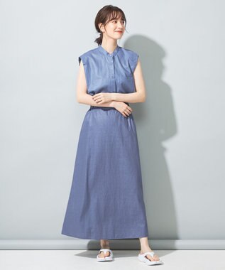 SHARE PARK LADIES 【洗える】リネンレーヨンコーティングウォッシュスカート ブルー