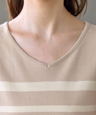 Tiaclasse L 【洗える】マルチボーダーフレンチスリーブニット ベージュ×アイボリー