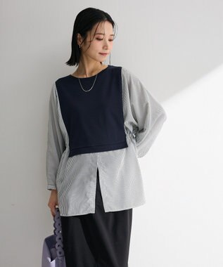 Green Parks 脇リボンドッキングチュニック Stripe Navy