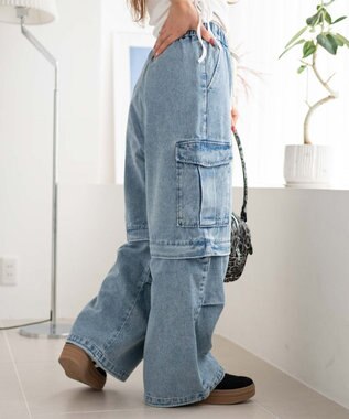 WEGO 【ウエストゴム/2WAY】2WAYデニムカーゴパンツ デニム淡加工色