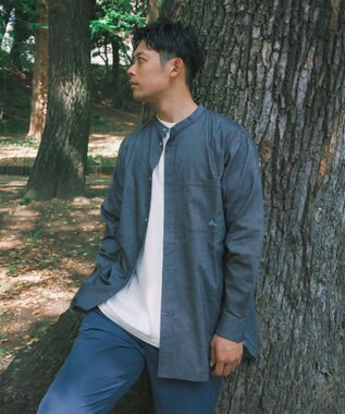 SHARE PARK MENS 【UVカット・撥水・ストレッチ】イージーデニムノーカラーシャツ ネイビー系