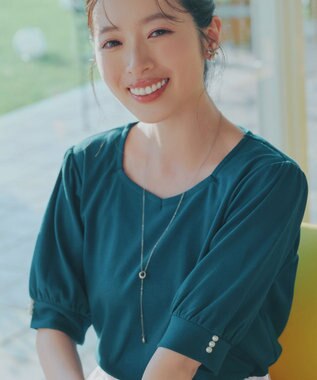 Tiaclasse 「サマさまカットソー」パール付きパフスリーブトップス ターコイズ