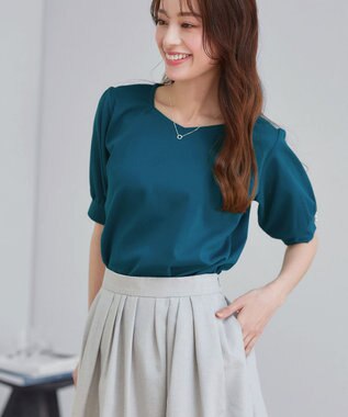 Tiaclasse 「サマさまカットソー」パール付きパフスリーブトップス ターコイズ