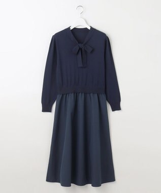 Feroux 【洗える】ニットドッキング ボウタイワンピース ネイビー系