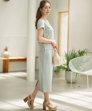 組曲 L 【WEB限定】ストライプジャガード カップ付きTシャツ クリームミント系