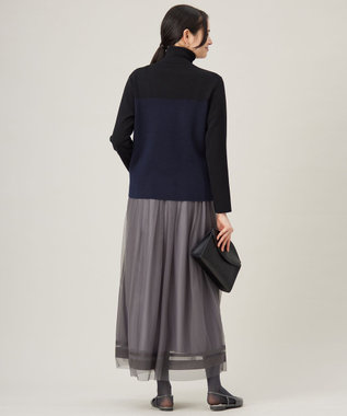 自由区 L 【洗える】シルクウールリブタートルネック ニット ブラック×ネイビー