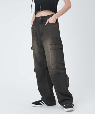  ヴィンテージウォッシュデニムカーブカーゴパンツ
