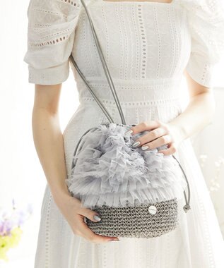 style code 【MERCURYDUO/マーキュリーデュオ】チュールフリル 雑材バケツ型ショルダーバッグ グレー