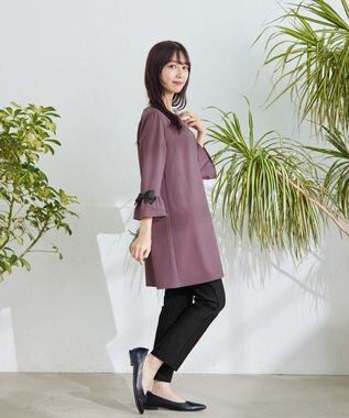 Tiaclasse 【洗える】グログランリボン付きフリル袖チュニック ピンクモカ