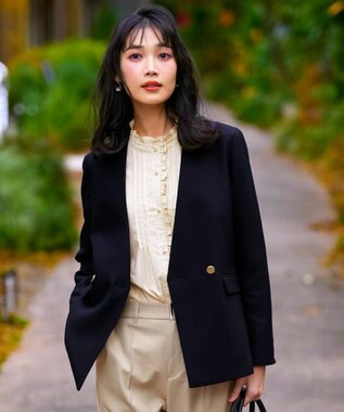 ANY SIS 褒めらレディストレッチ カラーレス ジャケット ネイビー