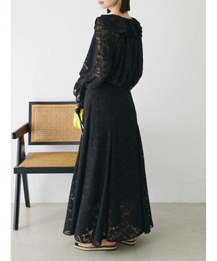 Green Parks シアージャガード花柄フリルブラウス Black