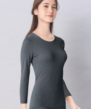 Wing あったかインナー 綿混 裏起毛 厚手 よく伸びる素材 【ラクのびサーモ】 8分袖 長袖 ネックせまめ 秋 冬 EL6914 ウイング／ワコール ダークブラウン