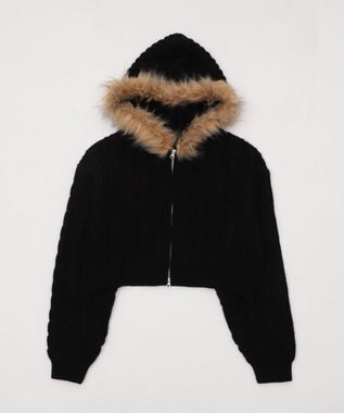 WEGO フェイクファー付きケーブルニットパーカー ブラック