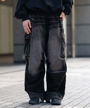 WEGO 【ウエストゴム/MLサイズ展開】イージーコーデュロイカーゴパンツ ブラックその他