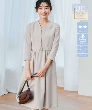 Tiaclasse 【ダブルクロス・洗える】 ナローVネックワンピース グレージュ