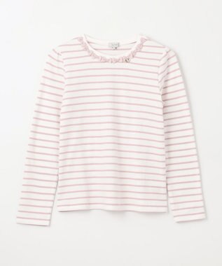 ANY KIDS リボン×ボーダー長袖Tシャツ ピンク×エクリュ