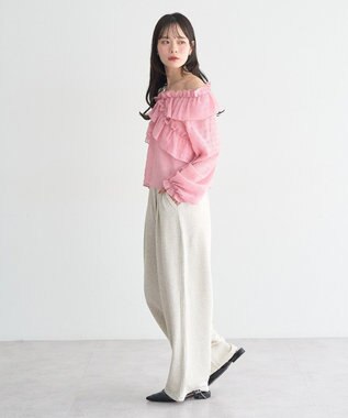 earth music&ecology シアーチェック2wayオフショルブラウス Pink