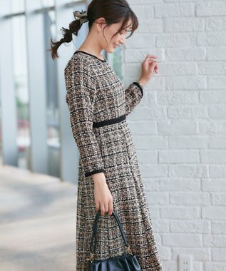 Tiaclasse 【安田美沙子さん着用・洗える】配色ツイードワンピース ベージュ