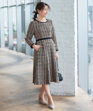 Tiaclasse 【安田美沙子さん着用・洗える】配色ツイードワンピース ベージュ